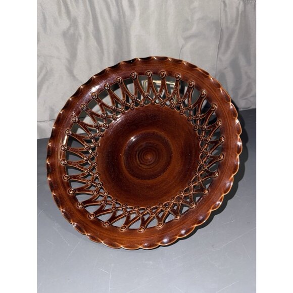 ZSURIZTE PORCELAIN HAND PAINTED Brown OPEN WEAVE LATTICE 12 Inch Hanging BOWL - Picture 1 of 12